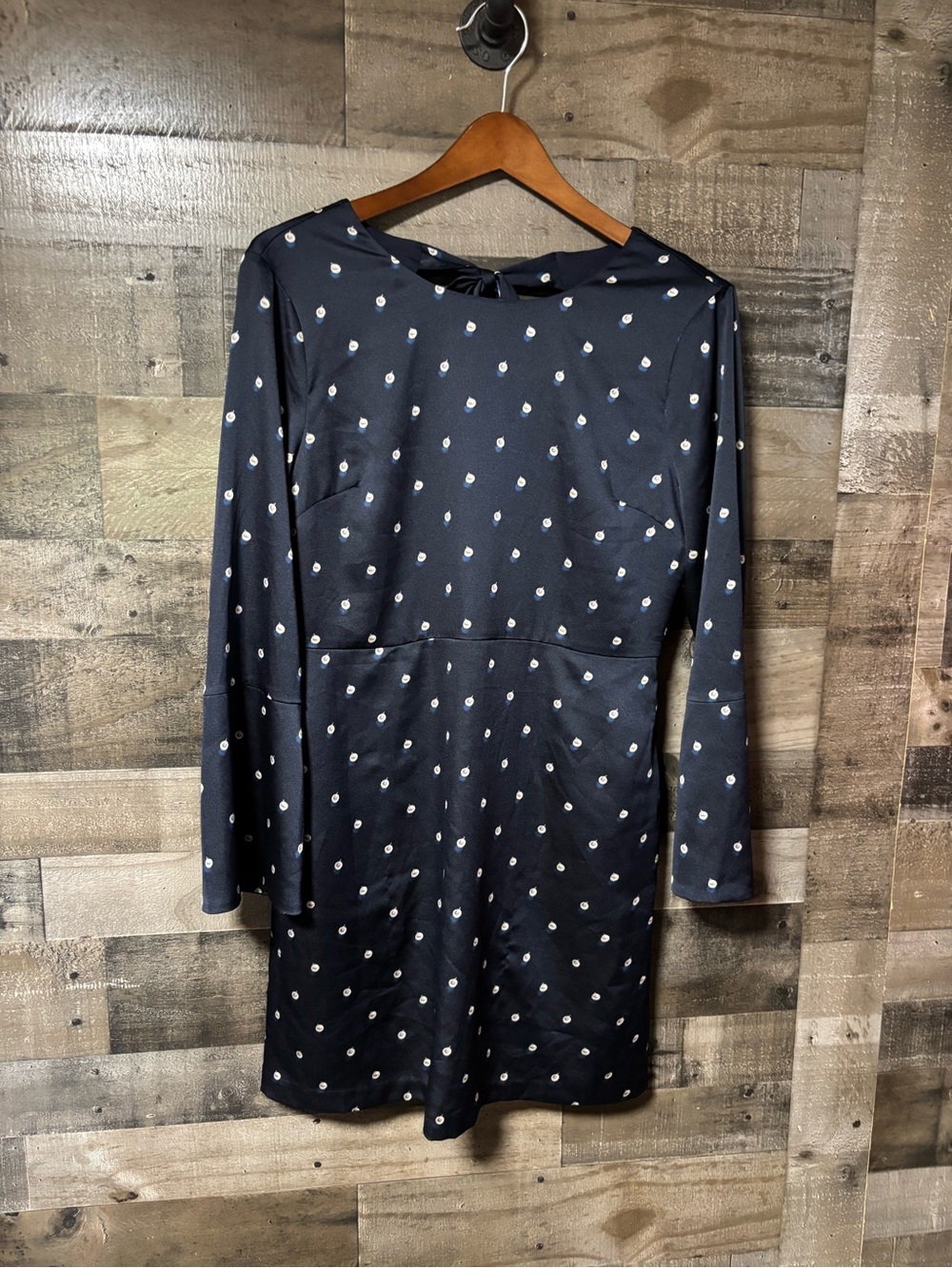 NWT Banana Republic Navy Long Bell Sleeve Dress with White Patterns 12P